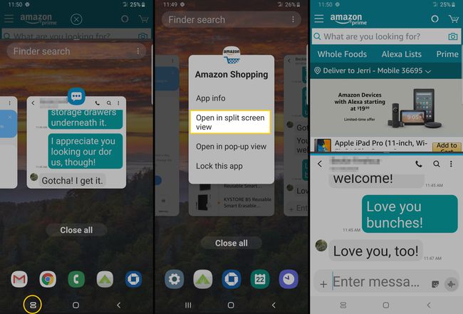 Capturi de ecran care arată cum să utilizați modul ecran împărțit pe Samsung Android.