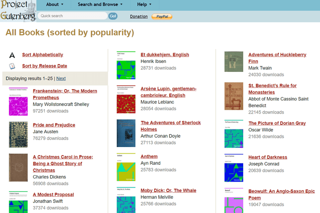 Captura de tela dos populares livros gratuitos do Project Gutenberg