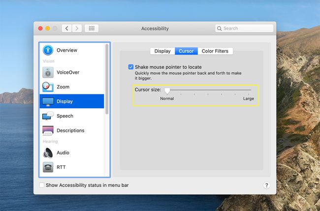 Опции за размер на курсора от настройките за достъпност на macOS
