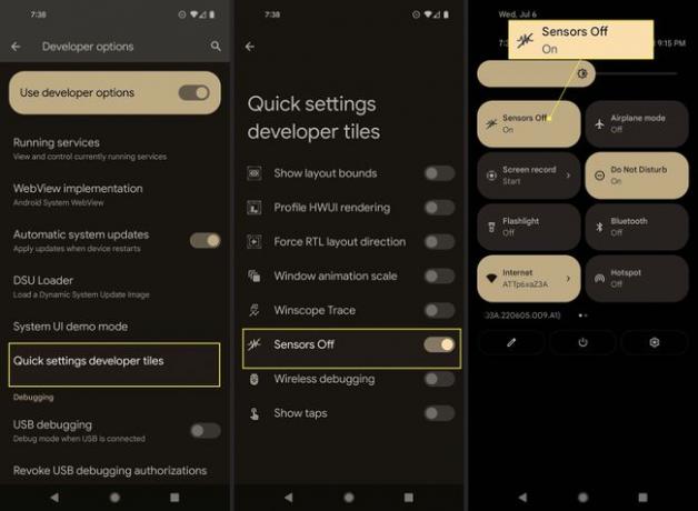 Opțiuni pentru dezvoltatori Android cu Setări rapide, Senzori dezactivați și Senzori dezactivați evidențiate
