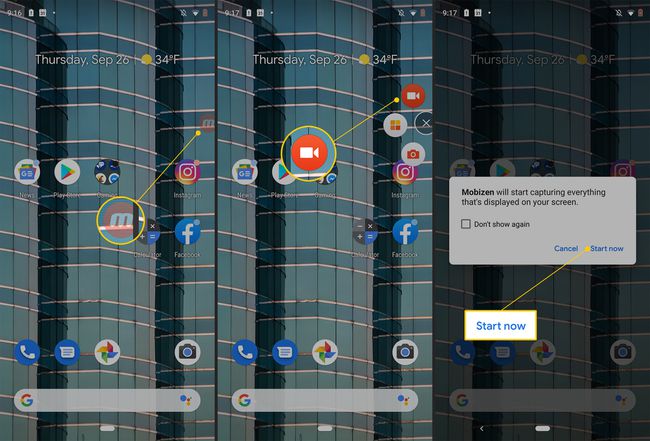 Mobizen ikon, képernyő videó rögzítése gomb, Indítás most gomb