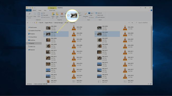 Faili, kas atlasīti no iPhone iekšējās atmiņas operētājsistēmā Windows.