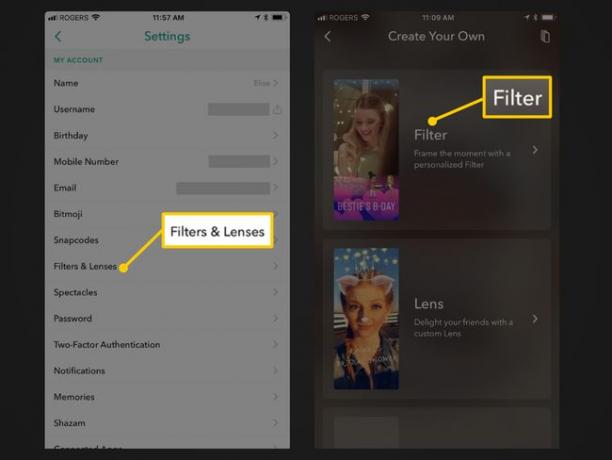 Filtrai ir objektyvai, tada Filtro mygtukai „Snapchat“ programoje