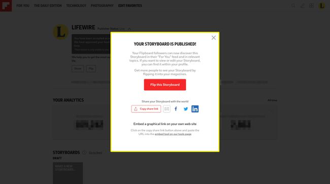 Flipboard에 스토리보드를 게시한 후 공유 옵션.