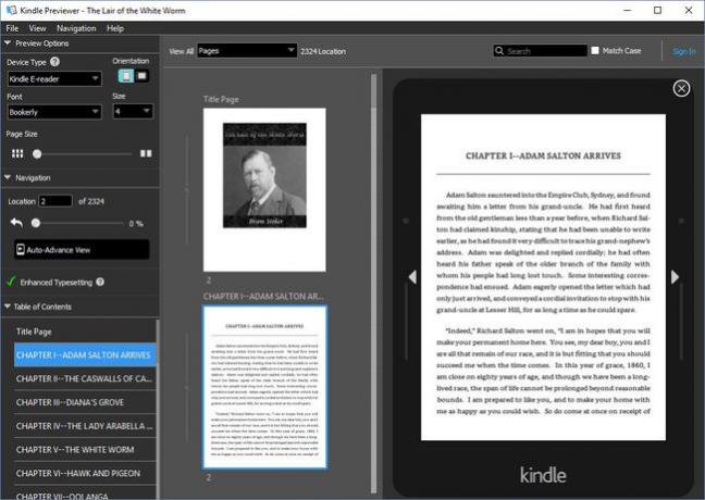 O Kindle Previewer com uma prévia de um e-book MOBI