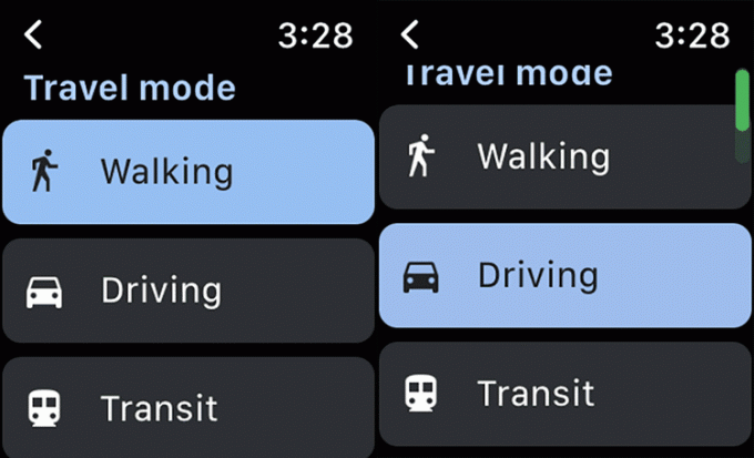 Apple Watch lietotnē Google Maps pieskarieties vēlamajam ceļošanas režīmam.