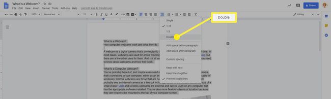 ตัวเลือกการเว้นวรรคสองครั้งในเมนูระยะห่างบรรทัดใน Google เอกสาร