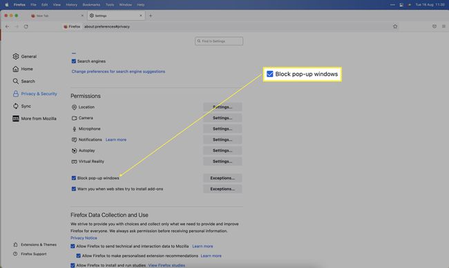 تفضيلات Firefox مع تمييز النوافذ المنبثقة.