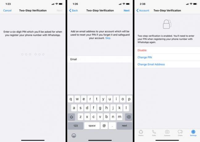 Snímky obrazovky ukazující, jak povolit dvoufázové ověření v WhatsApp.