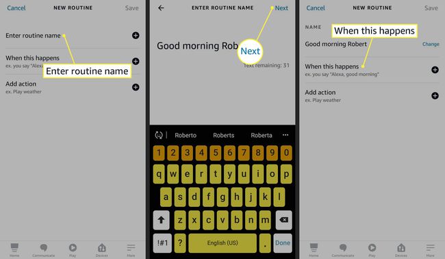 Anna rutiinin nimi, Seuraava ja Kun tämä tapahtuu korostettuina Alexa-sovelluksessa