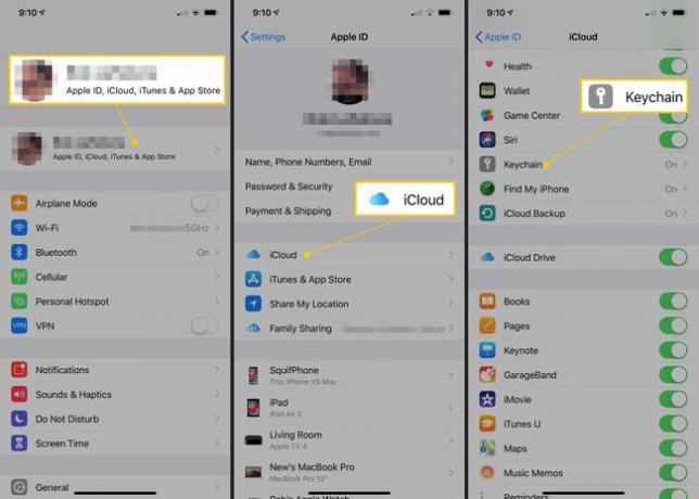 Apple ID, iCloud, botones de llavero en la configuración de iOS