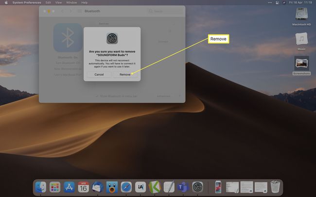 장치 제거가 강조 표시된 MacOS Bluetooth 옵션