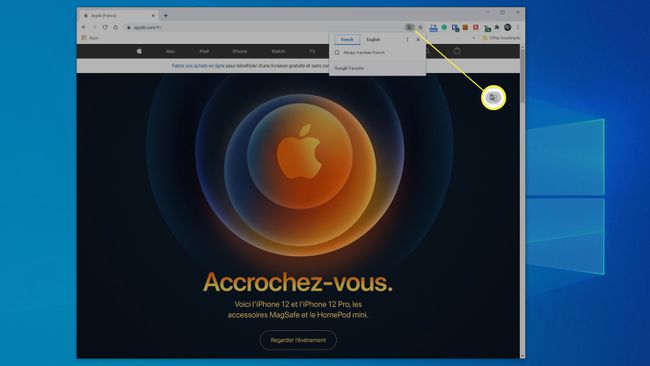 Función de traducción de Chrome en una página web en francés.