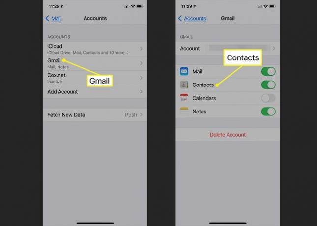 Gmail sélectionné dans les comptes de messagerie avec les contacts mis en surbrillance