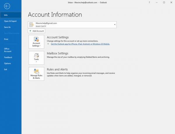Skærmbilledet Outlook 2016 Kontooplysninger