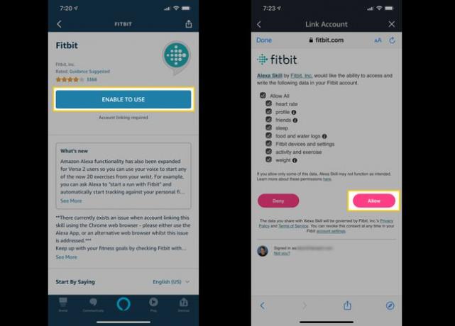 Ekraanipildid, mis näitavad, kuidas Alexas Fitbit rakendust lubada.