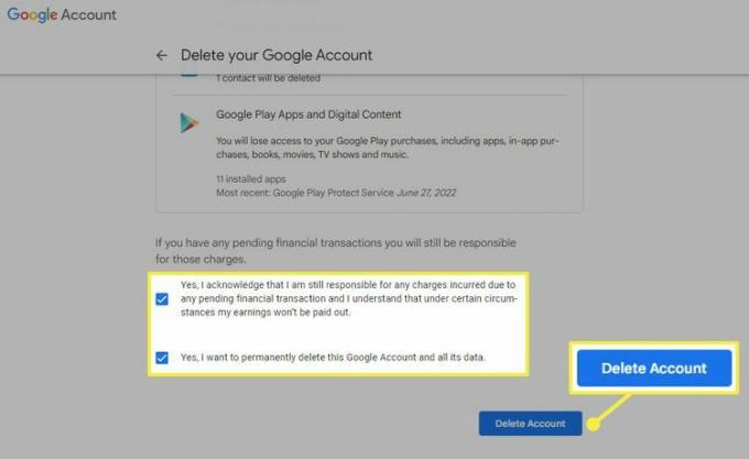 ช่องทำเครื่องหมายถูกเน้นและ 'ลบบัญชี' ที่ถูกเน้นใน 'ลบหน้าบัญชี Google ของคุณ'