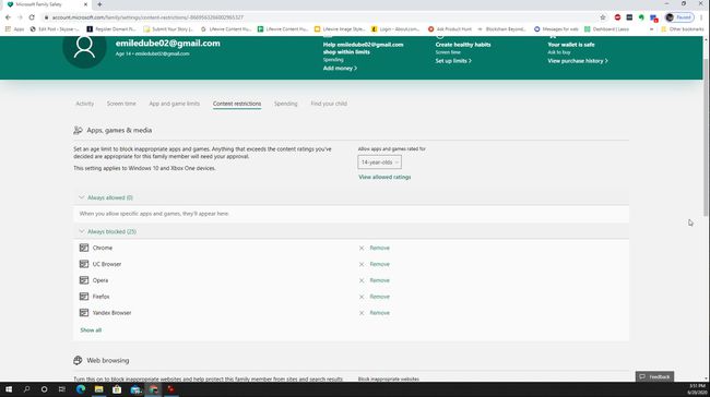 Snímek obrazovky s věkovými limity aplikací v Microsoft Family Safety