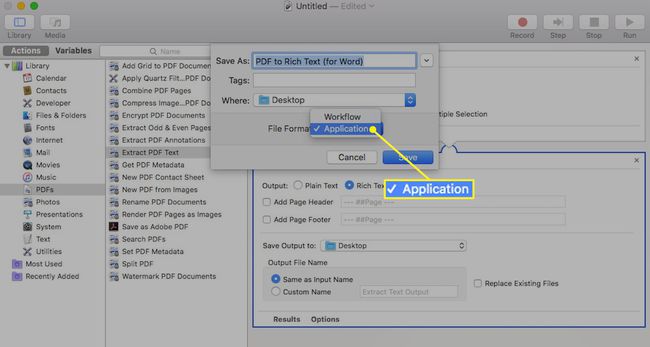 تطبيق Automator لنظام التشغيل Mac مع تحديد التطبيق كتنسيق الملف