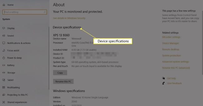 Specificațiile dispozitivului pe ecranul Despre din Setări Windows