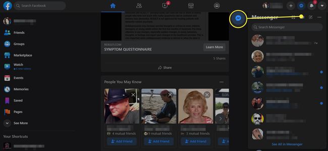 Можете да получите достъп до Facebook Messenger в браузър, като изберете иконата в горния десен ъгъл.