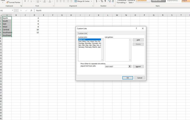 Zakres wyświetlany w polu Importuj listę z komórek w oknie dialogowym Listy niestandardowe w programie Excel
