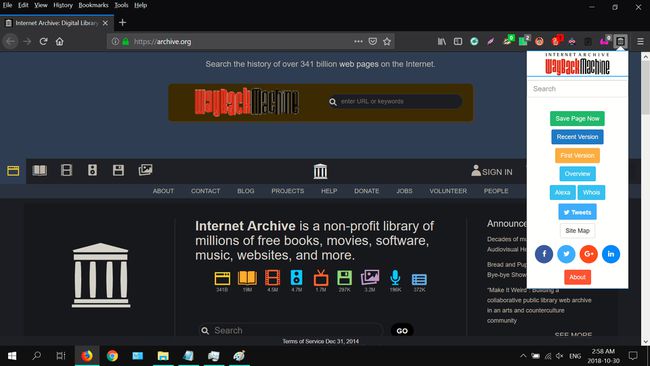 Captura de pantalla de la extensión web Wayback Machine para Firefox Quantum