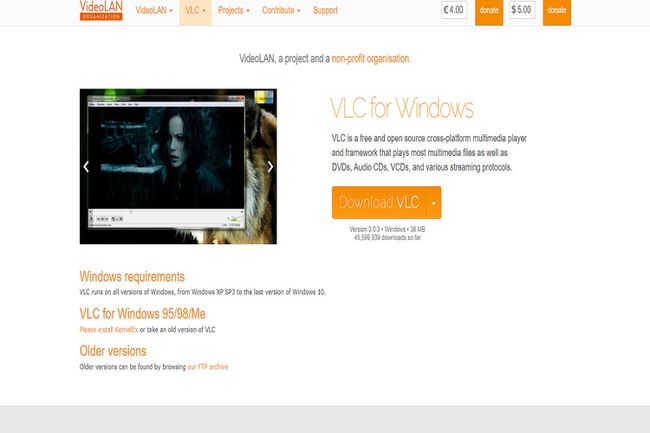 „Windows“ skirto VLC tinklalapio ekrano kopija. Čia galite nemokamai atsisiųsti VLC DVD grotuvą.