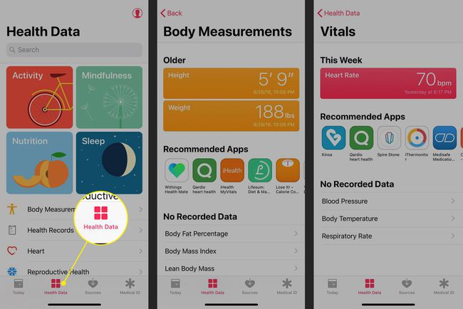 Zavihek Zdravstveni podatki v aplikaciji Zdravje