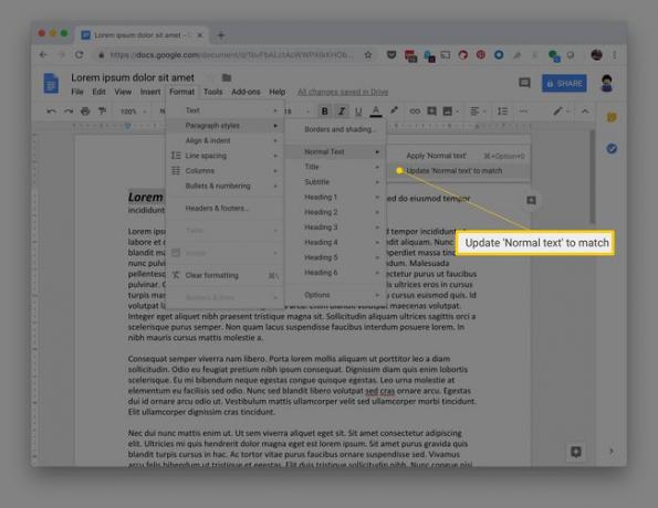 อัปเดตข้อความปกติให้ตรงกับตัวเลือกในเมนูรูปแบบใน Google เอกสาร
