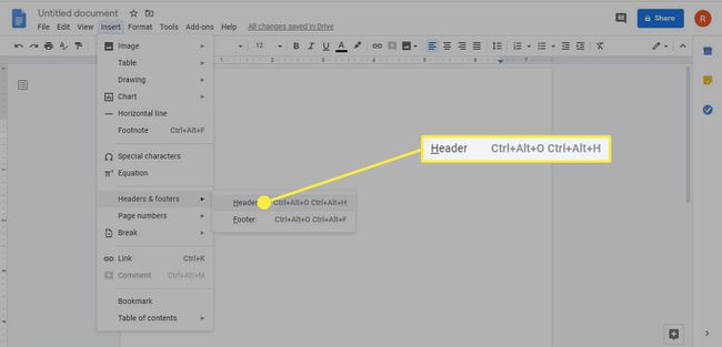 O menu de inserção do Google Docs mostrando como adicionar um cabeçalho