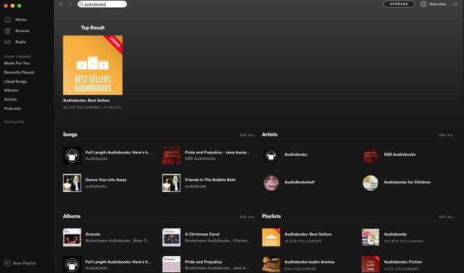 En " lydbog"-søgning i Spotify