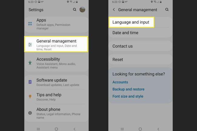 Gerenciamento geral e " Idioma e entrada" nas configurações do Android