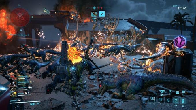 Pelin sisäinen kuvakaappaus pelaajista taistelemassa Raptor Super Swarmia vastaan ​​Exoprimalissa