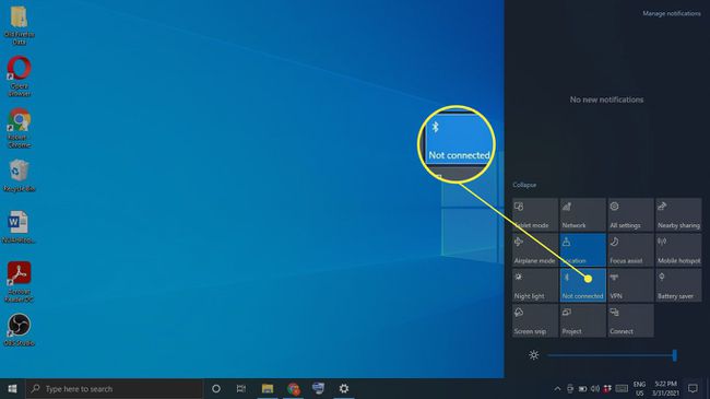 Windows 10 관리 센터의 Bluetooth 아이콘