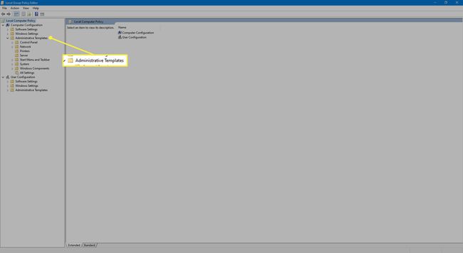 Administrative skabeloner i Windows 10.