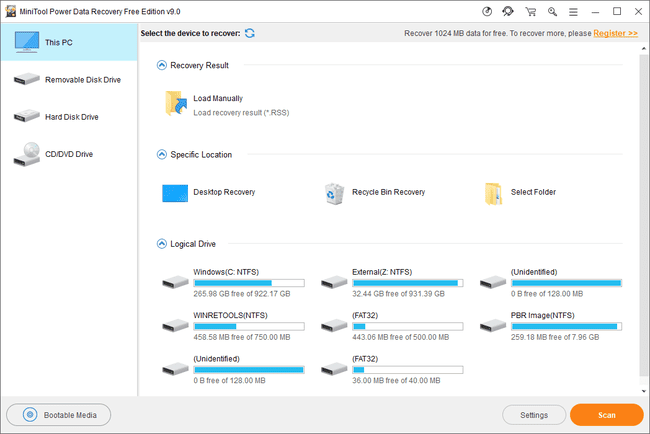 MiniTool Power Data Recovery Free Edition v9 ve Windows 10