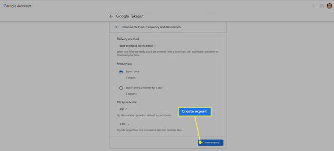 ตัวเลือกการจัดส่งของ Google Takeout พร้อมสร้างการส่งออกที่เน้น