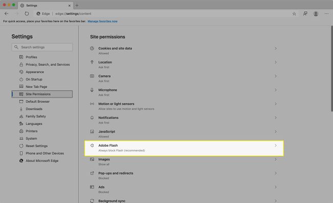 Adobe Flash en los permisos del sitio de Edge