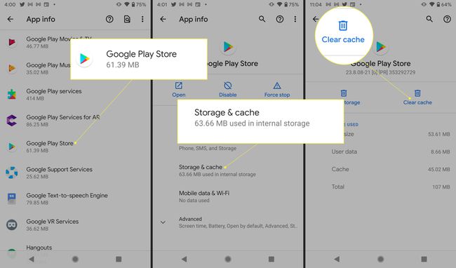 Android-beállítások a „Google Play Áruház”, a „Tárhely és gyorsítótár” és a „Gyorsítótár törlése” kiemeléssel