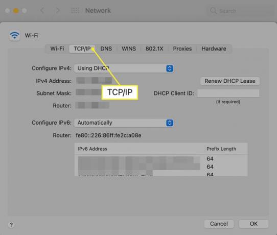 La pestaña TCPIP en las preferencias de red de Mac