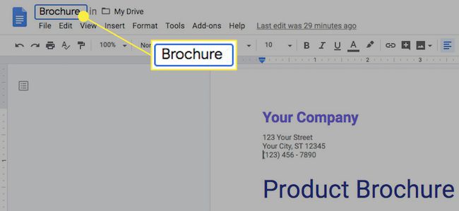 ชื่อไฟล์ในเทมเพลตโบรชัวร์ของ Google เอกสาร