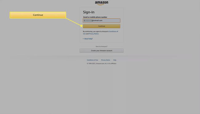 Stran za prijavo na spletno mesto Amazon z vnesenim e-poštnim naslovom.