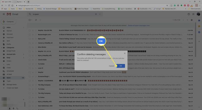 Confirmação de exclusão de todo o spam no Gmail.