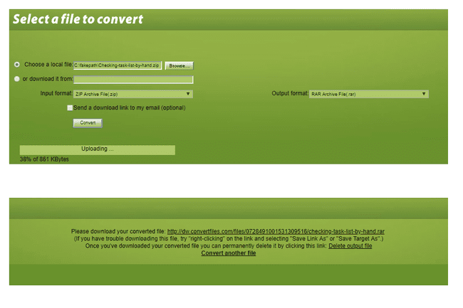 Tangkapan layar dari Konversi. Situs web file mengonversi file ZIP