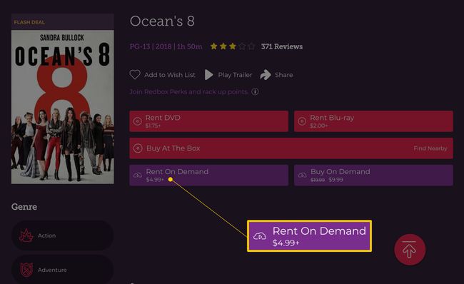 Redbox'taki Ocean'ın 8 ayrıntı sayfasındaki Talep Üzerine Kiralama 4,99$+ düğmesi