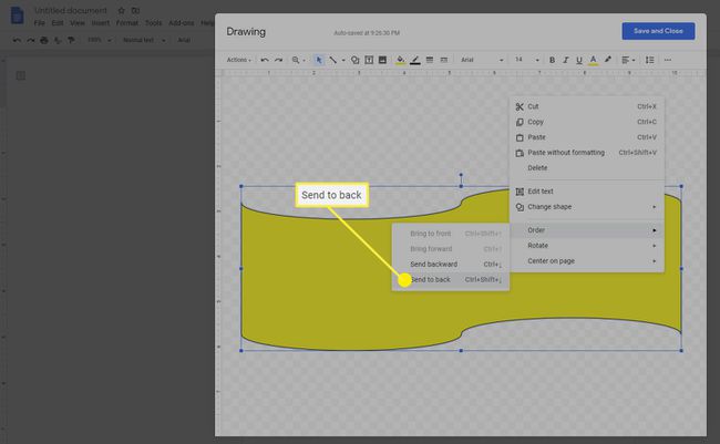 Como enviar uma forma para o fundo no recurso de desenho do Google Docs.