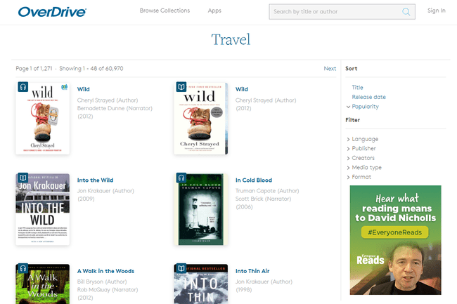 „OverDrive“ nemokamų kelionių el. knygų ekrano kopija