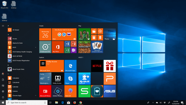 Windows 10 başlat menüsü.