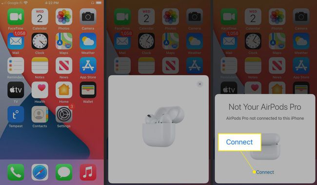 Povezivanje zamjenskih slušalica AirPods na vaš iPhone s prikazom zaslona iPhonea, animacijom veze i označenim Connect